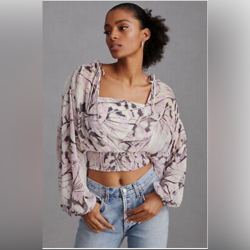 Anthropologie Floral Peasant Crop Top Batwing Blouse